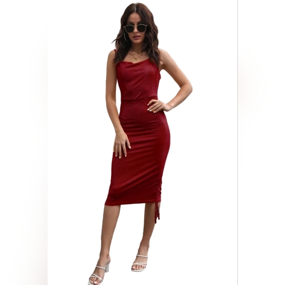 Drawstring Spaghetti Strap Bodycon Cowl Neck Ruched Convertible Mini Midi Dress - Picture 3 of 11